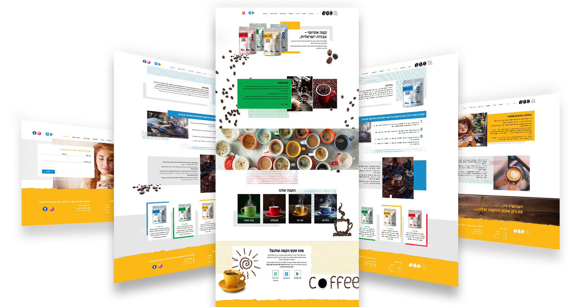 עיצוב אתר לחנות קפה עם הצגת עמודים פנימיים, מוצרים ותוכן במבנה מודרני