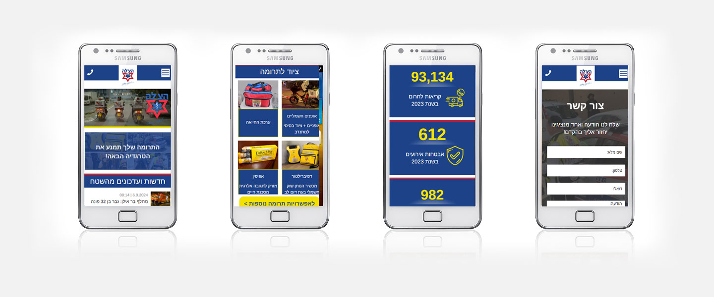 הצגת מסכי מובייל של אתר שירותי חירום כולל דף בית, שירותים, נתונים וטופס יצירת קשר