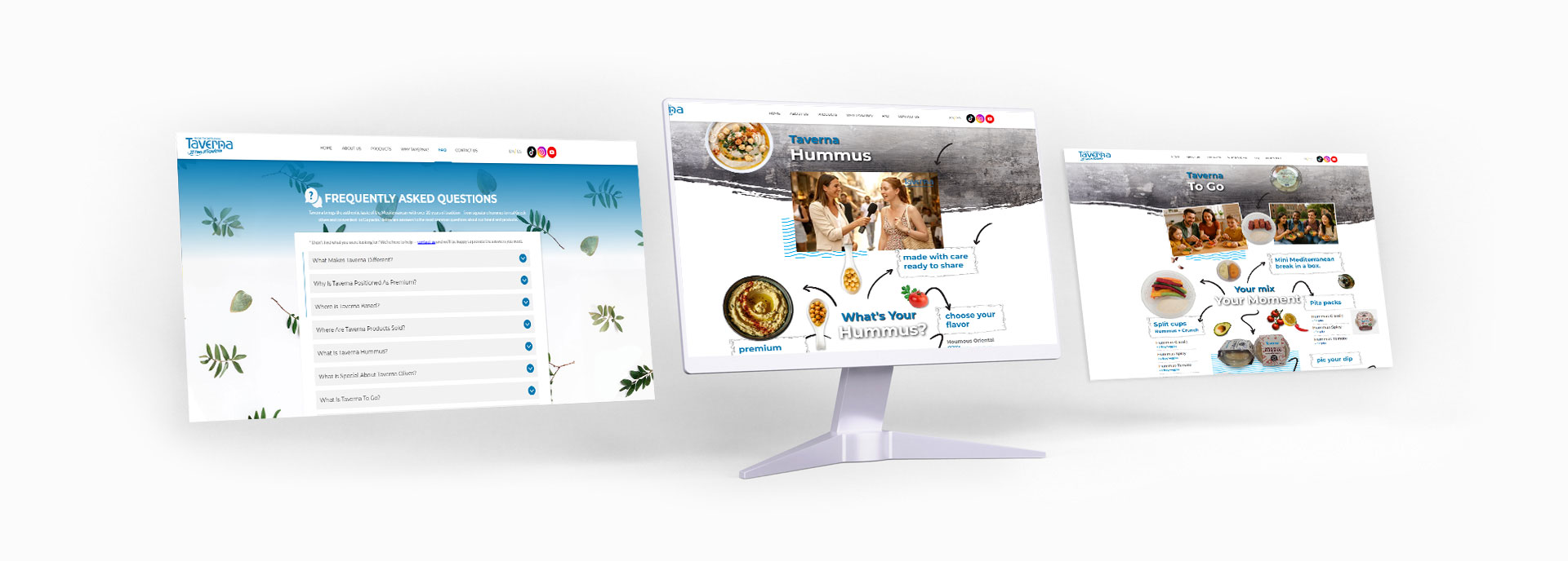 הצגת עיצוב אתר למותג חומוס על גבי מסך מחשב עם דפי אתר נוספים ברקע