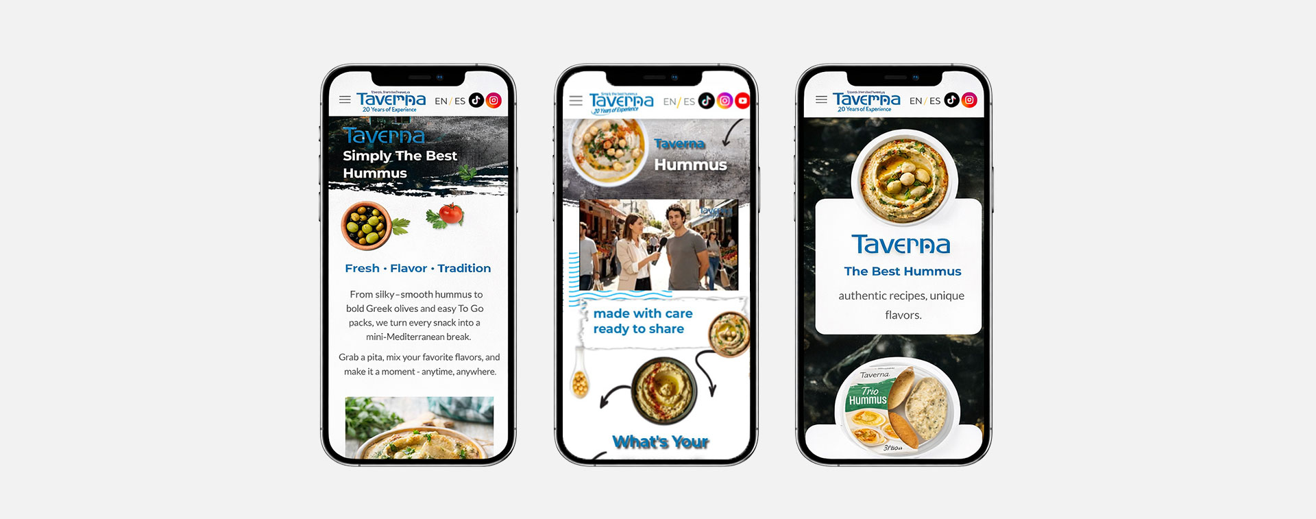 הצגת מסכי מובייל של אתר חומוס עם עמודי תוכן, מוצר ותדמית