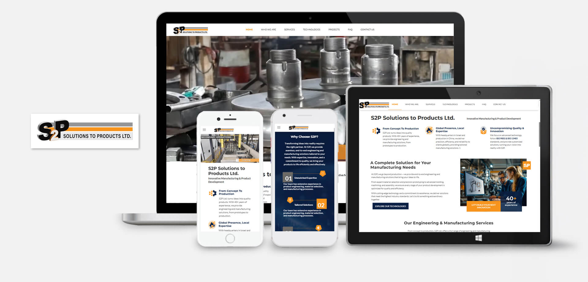 הצגת אתר חברה תעשייתית על גבי מחשב, טאבלט ומובייל המדגימה עיצוב רספונסיבי