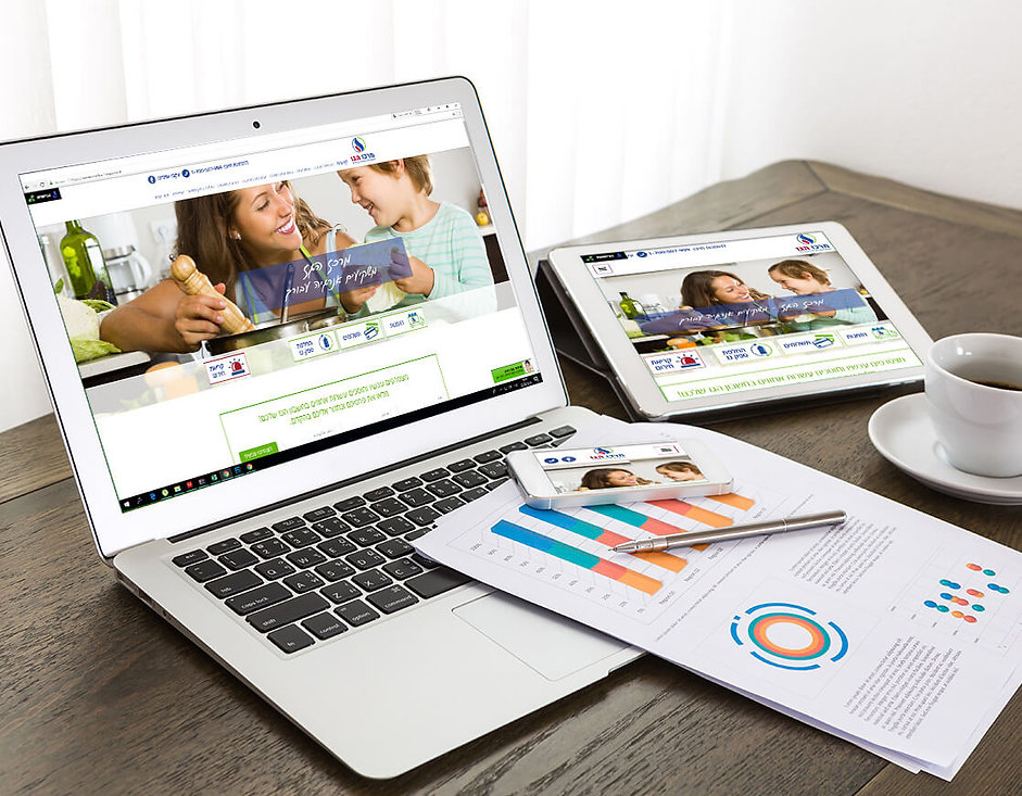 הצגת אתר חברה על גבי מחשב נייד, טאבלט ומובייל המדגימה עיצוב רספונסיבי