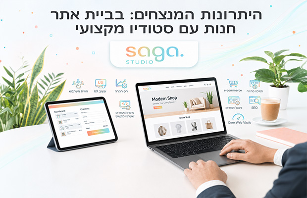 אדם יושב בשולחן עבודה מול מחשב נייד וטאבלט, בחדר מואר עם עציצים וקפה. על התמונה מופיעה הכותרת "היתרונות המנצחים: בניית אתר חנות עם סטודיו מקצועי", בליווי סמלים גרפיים המייצגים עיצוב חוויית משתמש (UX), מסחר אלקטרוני, קידום אתרים (SEO) וביצועי אתר.