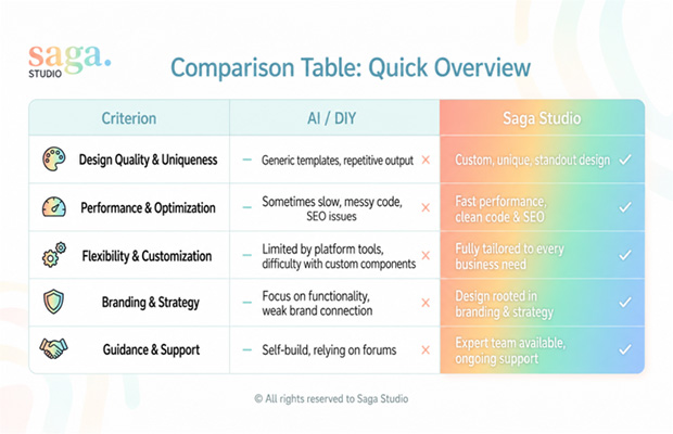 Comparison table showing Saga Studio versus AI or DIY website building across five criteria: design quality, performance, customization, branding strategy, and support. Saga Studio is presented as offering custom design, clean code, SEO, tailored solutions, strategic branding, and ongoing expert support, while AI or DIY options are shown as more limited and generic.