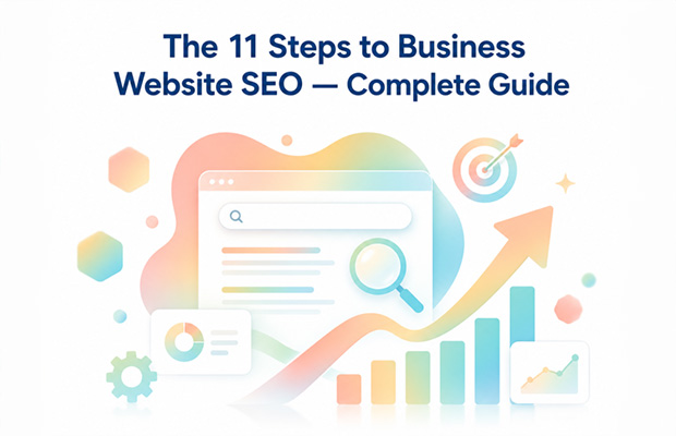 Cover image titled “The 11 Steps to Business Website SEO — Complete Guide,” featuring a clean pastel illustration of a search interface, magnifying glass, upward growth arrow, bar charts, target icon, and analytics widgets. The design uses soft rainbow gradient colors to represent SEO strategy, website optimization, and business growth.