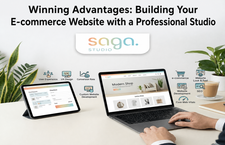 Marketing cover image for Saga Studio showing a modern e-commerce website project on a laptop and tablet, with icons highlighting user experience, UX design, conversion rate, custom website development, e-commerce, SEO, website look and feel, website development, and Core Web Vitals. The image promotes the advantages of building an e-commerce website with a professional studio.