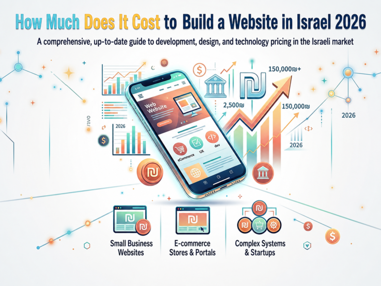 - Infographic cover image titled “How Much Does It Cost to Build a Website in Israel 2026,” showing a smartphone with a website interface surrounded by pricing charts, growth arrows, currency symbols, and digital business icons. The image highlights website pricing categories including small business websites, e-commerce stores and portals, and complex systems and startups. website cost