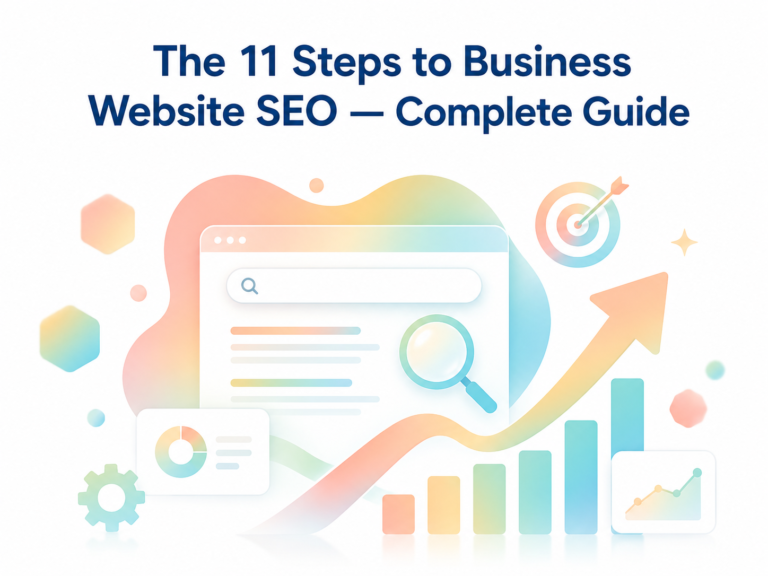 Cover image titled “The 11 Steps to Business Website SEO — Complete Guide,” featuring a clean pastel illustration of a search interface, magnifying glass, upward growth arrow, bar charts, target icon, and analytics widgets. The design uses soft rainbow gradient colors to represent SEO strategy, website optimization, and business growth.